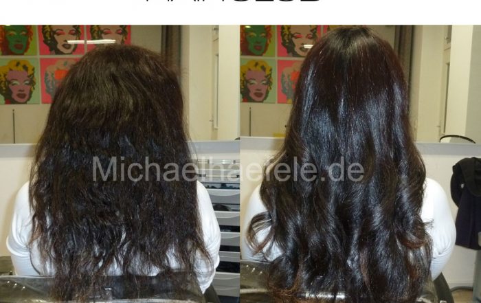 Vorher-Nachher-Bild einer Frau mit trockenen, glatten Haaren vor der YUKO Digital Perm und definierten, glänzenden Locken nach der Behandlung