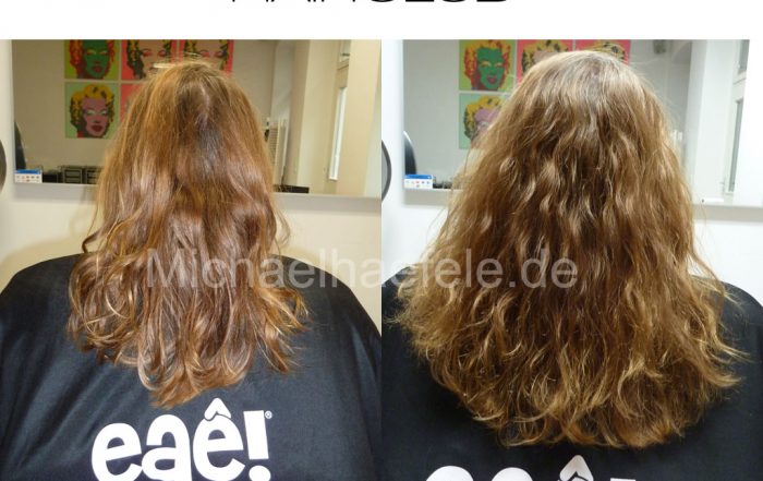 Frau mit glattem, unbehandeltem Haar vor der YUKO Digital Perm