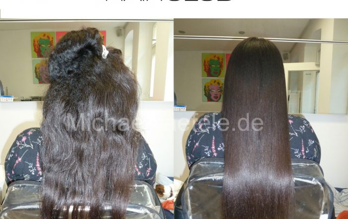 Aufgeplustertes Haar. Nachher: Kompaktes, glattes Haar mit natürlichem Fall.