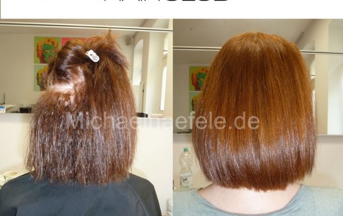 Rotes, gewelltes Haar mit Frizz. Nachher: Leuchtend rotes, glattes und glänzendes Haar.