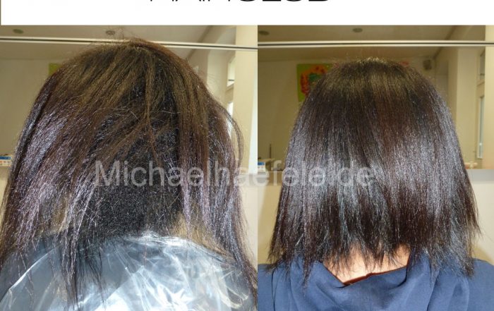 Trocken erscheinendes Afro-Haar. Nachher: Hydratisiertes, glänzendes und glattes Afro-Haar.