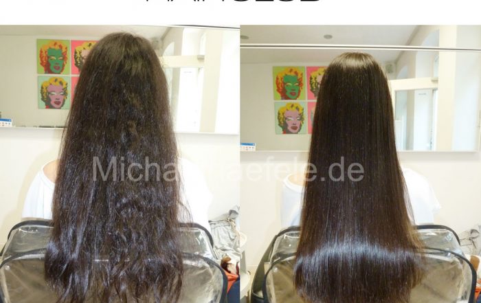 Strukturloses, welliges Haar. Nachher: Flüssig fallendes, spiegelglattes Haar.