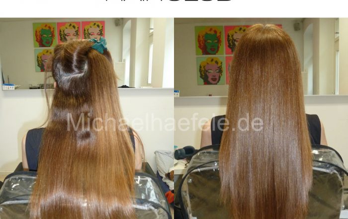 Haare, die zu Frizz neigen und schnell verknoten. Nachher: Entwirrtes, glattes Haar.
