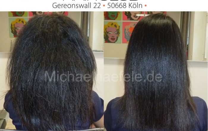 Vorher: Krauses, trockenes Haar. Nachher: Gesund aussehendes, glattes Haar.