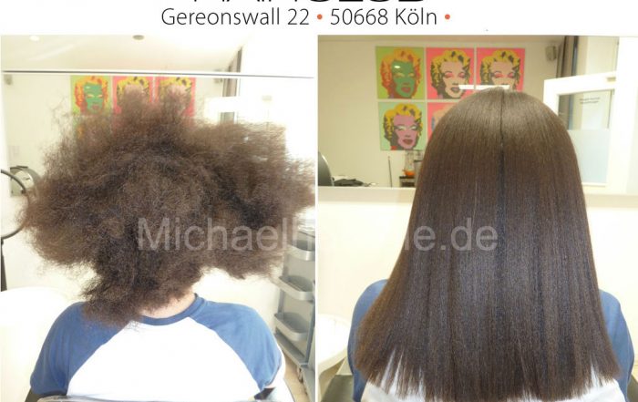 Natürliche, enge Locken in Afro-Haar. Nachher: Entspannte, glatte Textur.