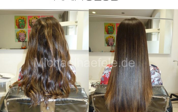 Trockenes, lebloses Haar. Nachher: Lebendiges, glänzendes und glattes Haar.