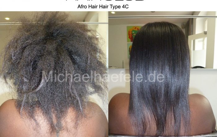 Afro-Haar mit natürlichem Volumen. Nachher: Elegant fallendes, glattes Haar.