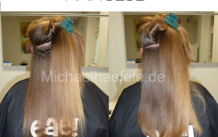 Blondes Haar vor und nach der Glättungsbehandlung: sichtbar gesünder und glatter.