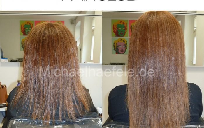 Vorher-Nachher-Ansicht: Rotes, gefärbtes Haar des Typs 2-3 jetzt perfekt geglättet und gepflegt.