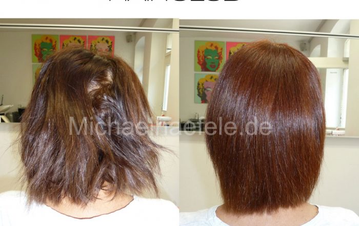 Vorher-Nachher-Bild: Dunkles, gefärbtes Haar glatt und geschmeidig nach professioneller Behandlung.
