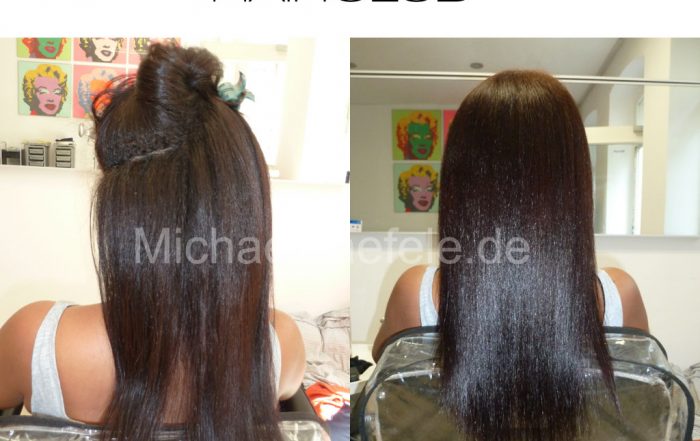 Vorher-Nachher: Gefärbtes Haar Hairtype 2-3 nach der professionellen Keratin Glättung.