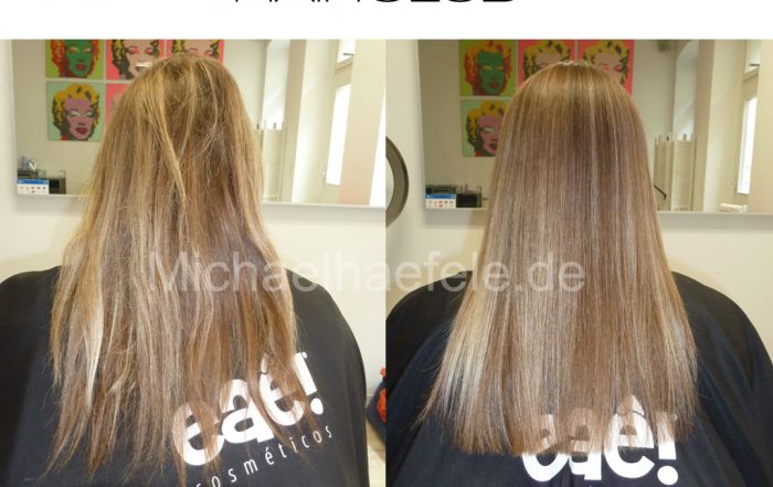 Vorher-Nachher: Blondiertes Haar nach der Keratin Glättung – gesund und glänzend.