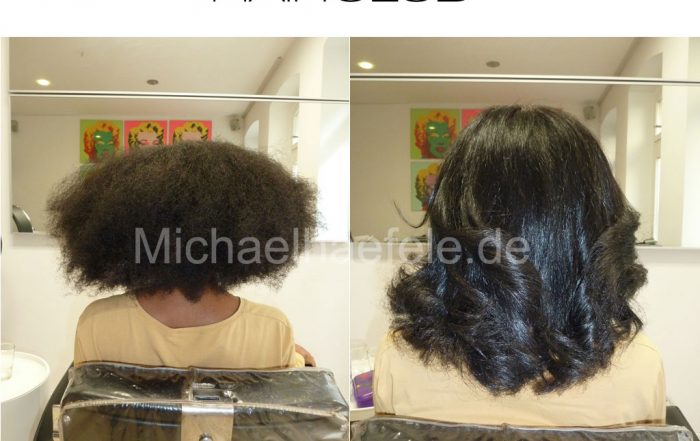 Vorher-Nachher-Bild: Glatte, glänzende 4C Afro-Haare nach Keratin Glättung