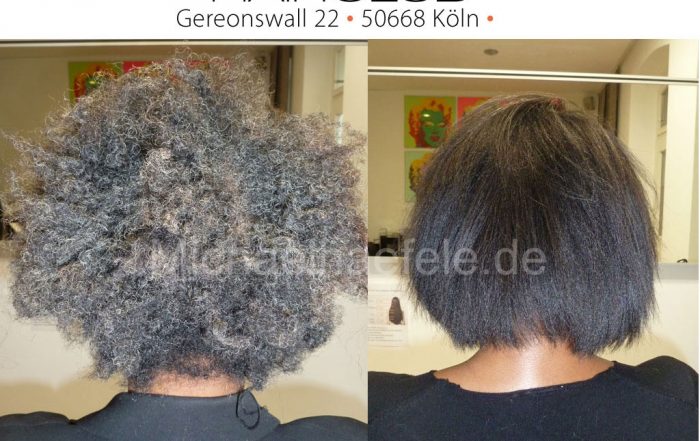Vorher-Nachher-Ansicht: Afro-Haare des Typs 4C perfekt geglättet mit Keratin-Behandlung.