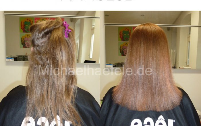 Glattes, strahlendes blondes Haar dank professioneller Haarglättung mit Nanoplastia.