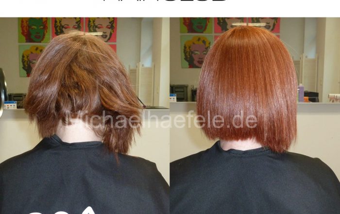 Vorher-Nachher-Transformation von Hairtype 2-3: Glattes, glänzendes gefärbtes Haar nach Keratin Glättung.