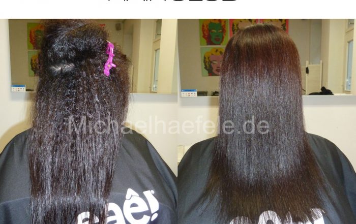 Gefärbtes Haar Typ 2-3 vor und nach der Glättung: strahlender Glanz und keine Frizz.