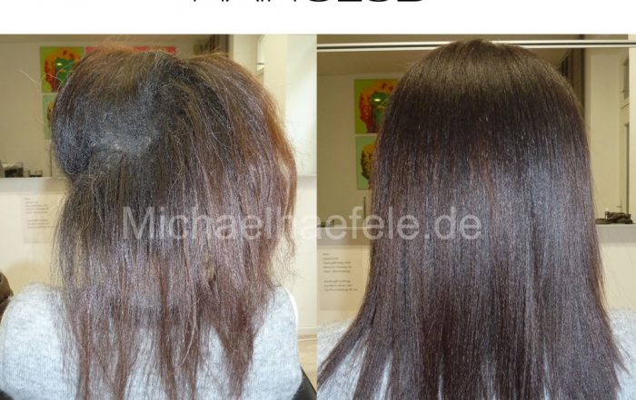 Vorher-Nachher: Dramatische Glättung von krausem 4C Afro-Haar durch professionelle Behandlung
