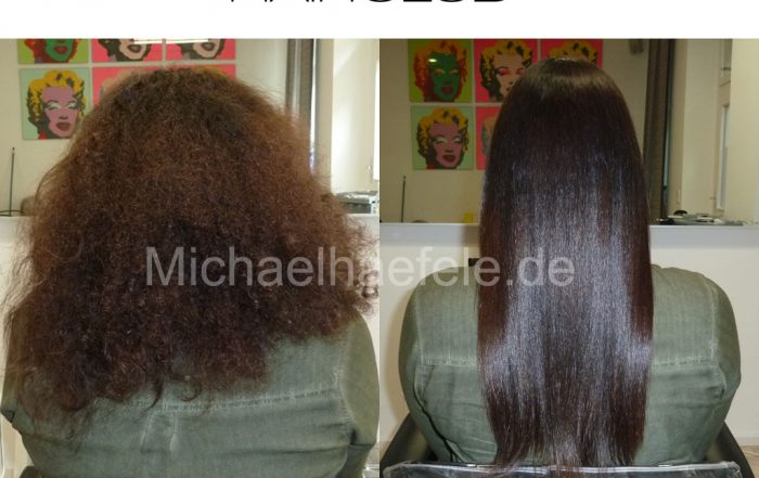 Vorher-Nachher-Ansicht: Rotes, gefärbtes Haar des Typs 2-3 jetzt perfekt geglättet und gepflegt.