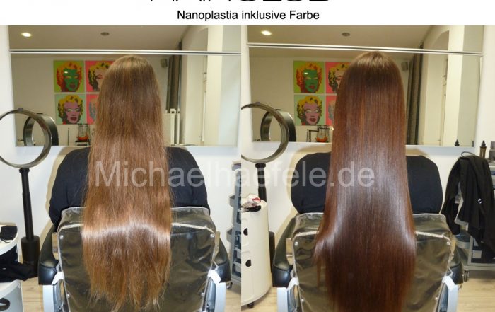 Dichtes welliges Haar nach Nanoplastia - Vorher (voluminös) vs. Nachher (glatt)