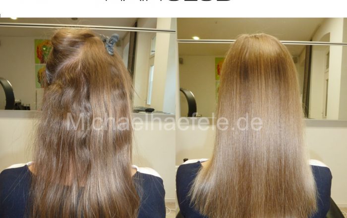 Vorher-Nachher blondes Wellenhaar (Typ 3A) nach Keratin Glättung mit Nanotechnologie – Thyrre Cosmetics