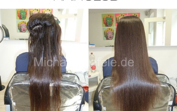 Keratin Glättung für dunkles Typ 3A Haar – Vorher (wellig) vs. Nachher (glatt)